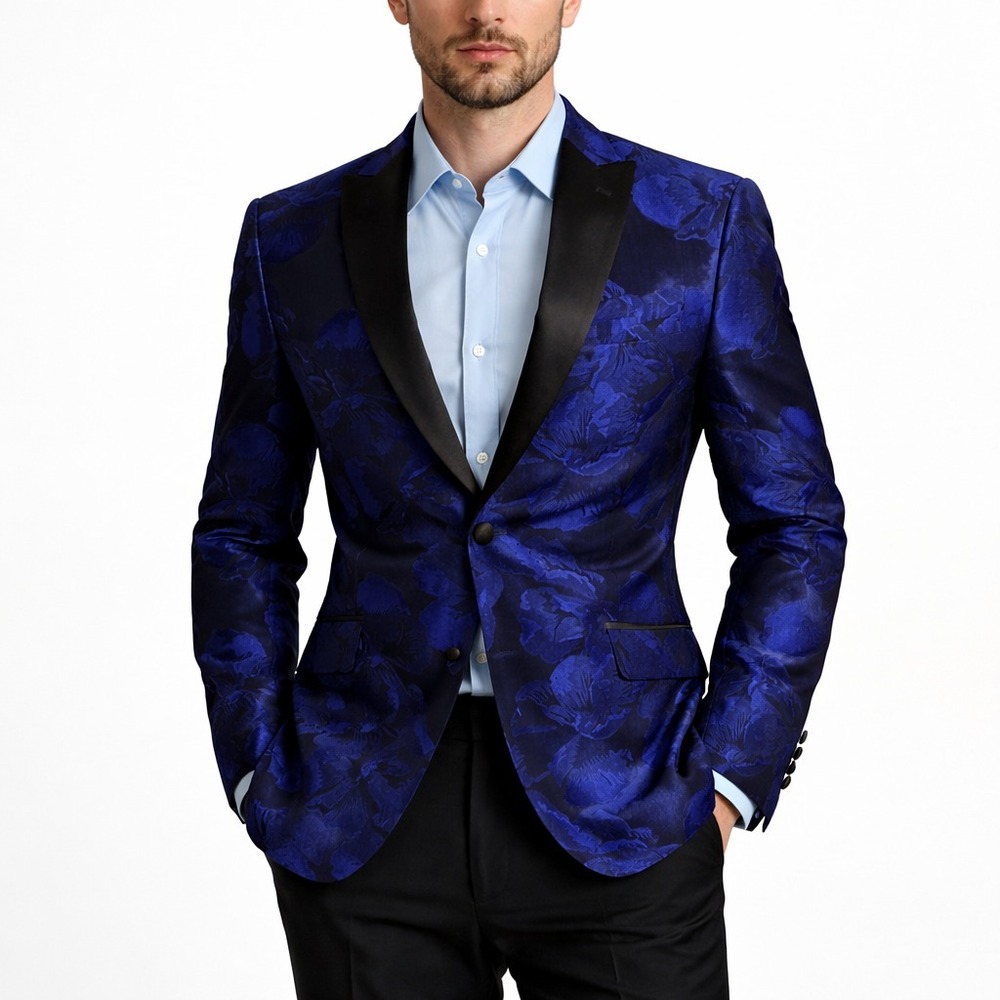 Blue Floral Brocade Tuxedo Blazer Mens 38R Satin Peak Lapel Slim Dinner Coat